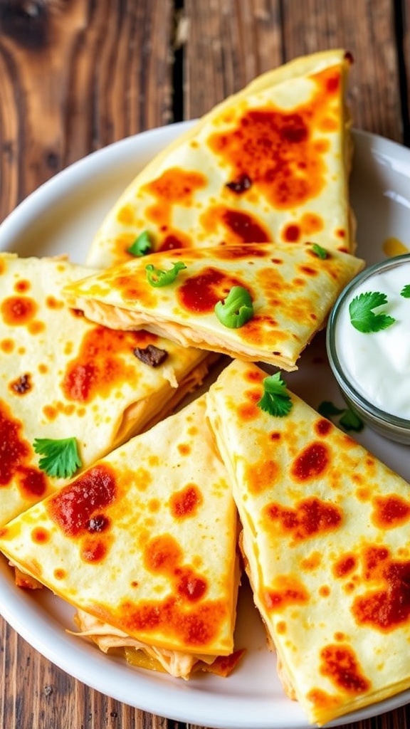 Cheesy chicken quesadilla cut into wedges, served with salsa and sour cream on a rustic table.